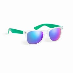 A pair of sunglasses with a clear frame and green arms, featuring gradient purple and blue mirrored lenses.