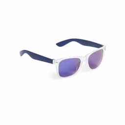 A pair of sunglasses with clear frames and navy blue arms, featuring gradient purple lenses.