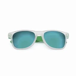 A pair of sunglasses featuring a clear frame and teal lenses, with green accents on the arms.