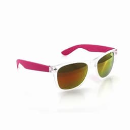 A pair of sunglasses featuring clear frames and bright pink arms with gradient lens hues.