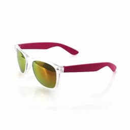 A pair of sunglasses with transparent frames and pink arms, featuring mirrored green lenses.