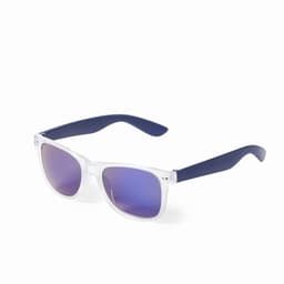 A pair of sunglasses with clear frames and navy blue arms, featuring purple tinted lenses.