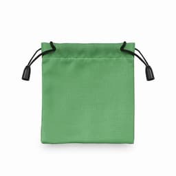 A green drawstring pouch made of fabric, featuring black drawstrings and toggle ends.