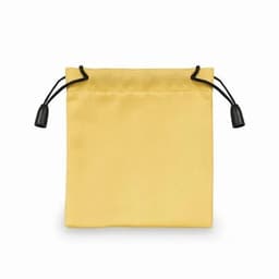 A drawstring pouch in bright yellow with black cord closures. It features a simple, smooth design.