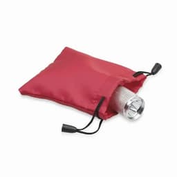 A drink bottle in a red pouch, featuring a silver body and a textured grip, with a drawstring closure.