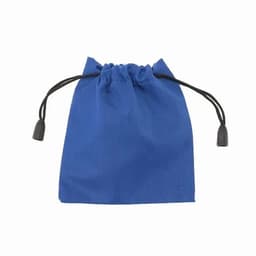 A blue drawstring pouch made of fabric, featuring a black cord with toggle ends.