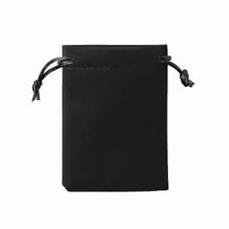 A black drawstring pouch made of soft material, featuring a cinched closure at the top.