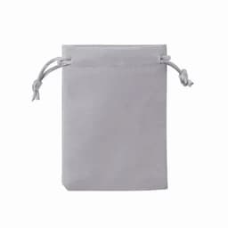 A grey drawstring pouch made of soft material, featuring two cord ties at the opening.