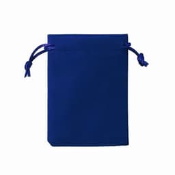 A blue drawstring pouch with a smooth finish and matching drawstrings. It has a logo on the front.