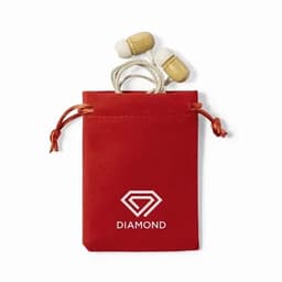 A red drawstring pouch containing earphones with wooden details. The pouch features a logo.