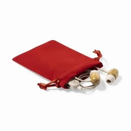 A red pouch containing white earphones with beige tips and a cord. The pouch features a drawstring closure.