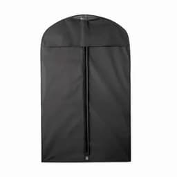 A black garment bag with a zip closure and a rounded top, designed for storing clothing.