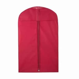 A red garment bag featuring a zip closure and a rounded top, suitable for storing clothing.