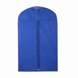A garment bag in bright blue with a zip closure and a rounded top. It features a single logo on the front.