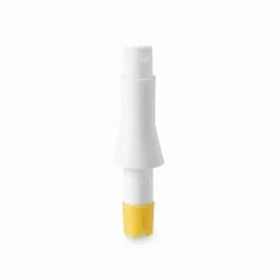 A promotional drink bottle in white and yellow, featuring a logo on the side.