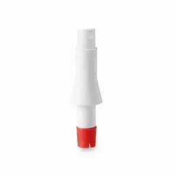 A drink bottle in white and red, featuring a sleek design and a built-in straw. It has a logo on the body.