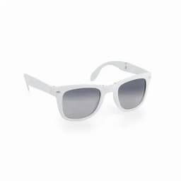 A pair of white sunglasses with grey lenses and a simple design, featuring a logo on the temple.