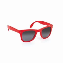 A pair of red sunglasses with dark lenses and a plastic frame.