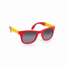 A pair of sunglasses with red frames and yellow arms, featuring tinted grey lenses. The sunglasses have a logo.