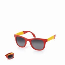 A pair of red sunglasses with yellow accents, featuring a smaller pair beside them for comparison.