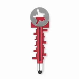 A red multi-tool shaped like a key, featuring various flat edges and a rounded end with a black stylus tip.