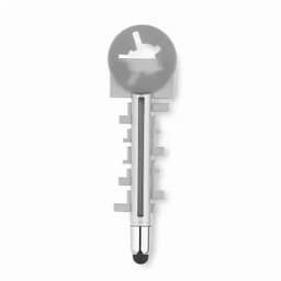 A stylus pen featuring a circular top and a silver body with textured grip. It has a logo on the side.