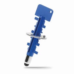 A blue promotional product featuring a cylindrical design with a silver ring and a round tip. It has a branding logo.