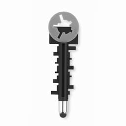 A black and grey key-shaped tool with a round top featuring a design. It has a sleek, modern appearance.