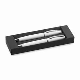 A gift box containing two white pens with silver accents. The box is black and neatly presented.