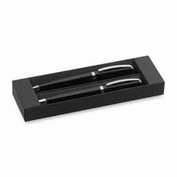 A set of two black pens with silver accents, presented in a sleek black box.