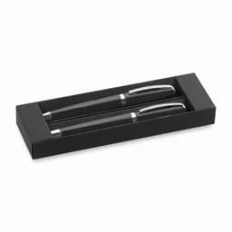 A gift box containing two black pens with silver accents. The box is black with a sleek design.