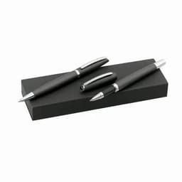 A set of three black pens with silver accents displayed on a black rectangular base.