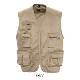 A tan outdoor vest with nine pockets, featuring a zip front and a logo at the collar area.