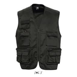 A men's outdoor vest in dark green with nine pockets, featuring a zip front and a branding logo.