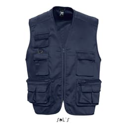 A navy blue men's outdoor vest featuring nine pockets, made from polycotton, with a logo present.
