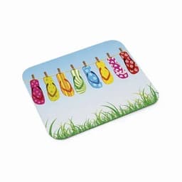 A colourful mouse pad featuring vibrant flip flops hanging on a clothesline against a blue sky and grassy background.