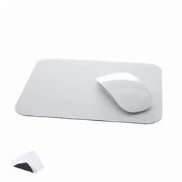 A mouse pad in grey with a sleek, white mouse resting on it. The design is minimalist and modern.