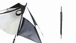 A black and white golf umbrella with a sleek design and a logo, partially open, displaying its interior structure.