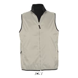 A unisex, reversible vest in light grey, waterproof and windproof, featuring a branded logo.