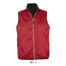 A red unisex reversible vest, waterproof and windproof, featuring a grey collar and side pockets. It has a logo.