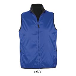 A blue reversible vest with a black interior, waterproof and windproof, featuring side pockets and a zip closure.