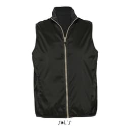 A black unisex reversible vest, waterproof and windproof, featuring a front zip and a grey collar. It also has a logo.