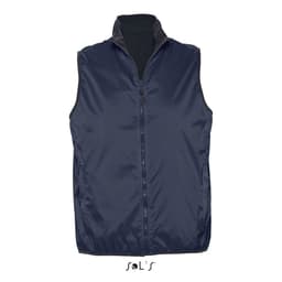 A navy blue unisex vest featuring a reversible design, made from waterproof and windproof material. Includes a logo.