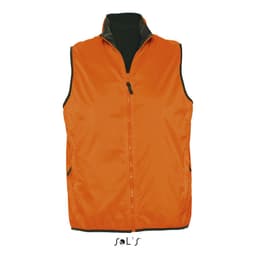 An orange reversible vest featuring a zip front, black inner lining, and side pockets. It includes a logo.