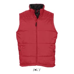 A red men's puffer vest featuring a zip front, water-repellant and windproof material, with a logo at the bottom.