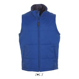 A blue puffer vest featuring a high collar and side pockets, with a branding logo on the lower section.