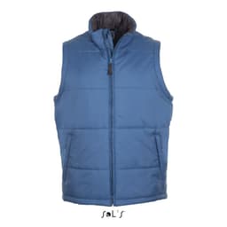 A blue puffer vest with a high collar, featuring a zip closure and side pockets, with a logo on the bottom.