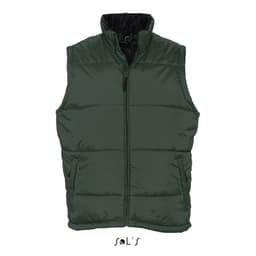A green men's puffer vest, featuring a zip front, water-repellent and windproof material, with a logo present.