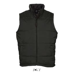 A men's puffer vest in dark green, featuring a zip closure and a logo on the collar. Water-repellent and windproof.