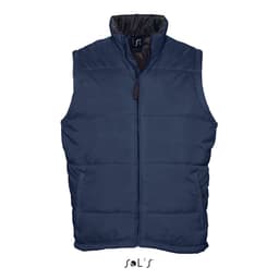A navy blue men's puffer vest, featuring a full zip and a black collar, with a logo on the front.